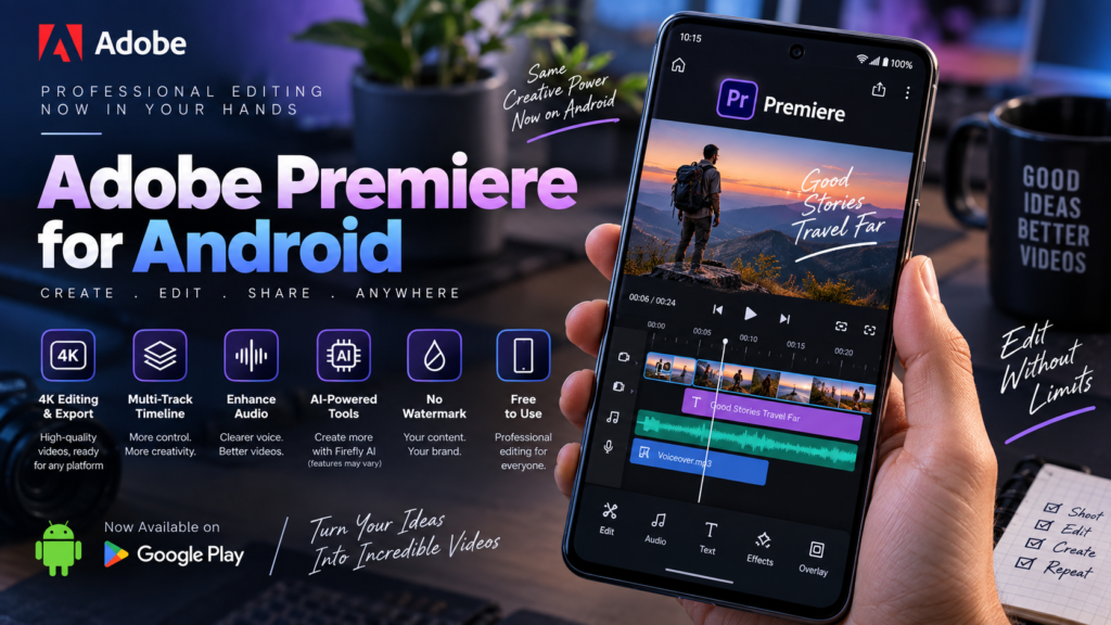 Adobe Premiere Android mobile video editor features requirements 4K editing and download