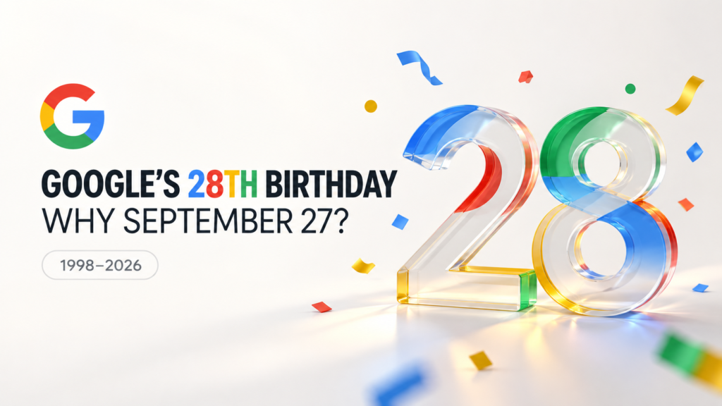 Google’s 28th Birthday 2026 graphic asking why the celebration is on September 27