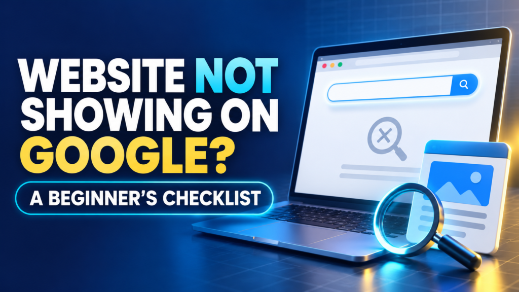 Laptop illustration showing a website missing from Google Search